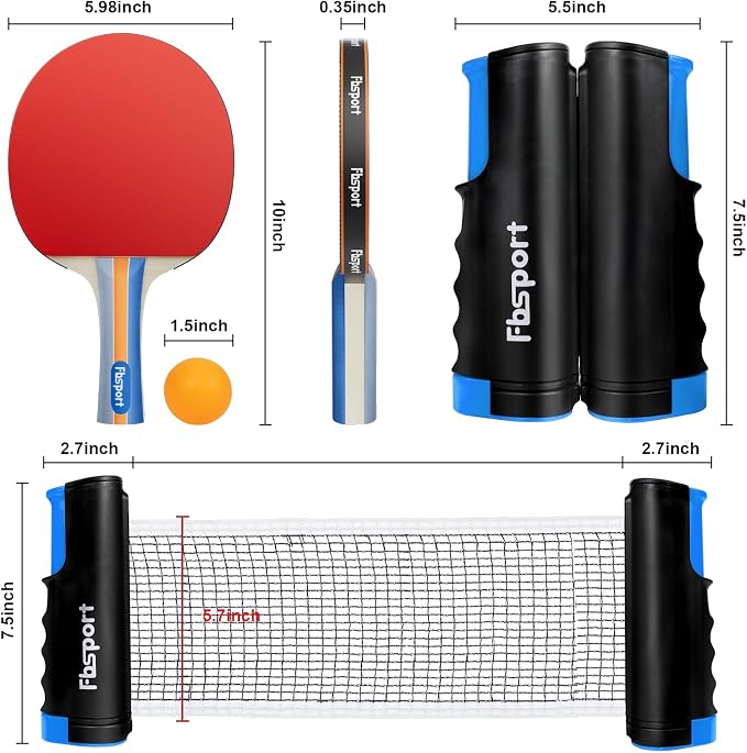 FBSPORT Ping Pong Paddle Set, Table Tennis Set with 4 Rackets and 8 Balls, Retractable Net with Storage Bag - Pingpong Paddle Accessories for Indoor/Outdoor Games