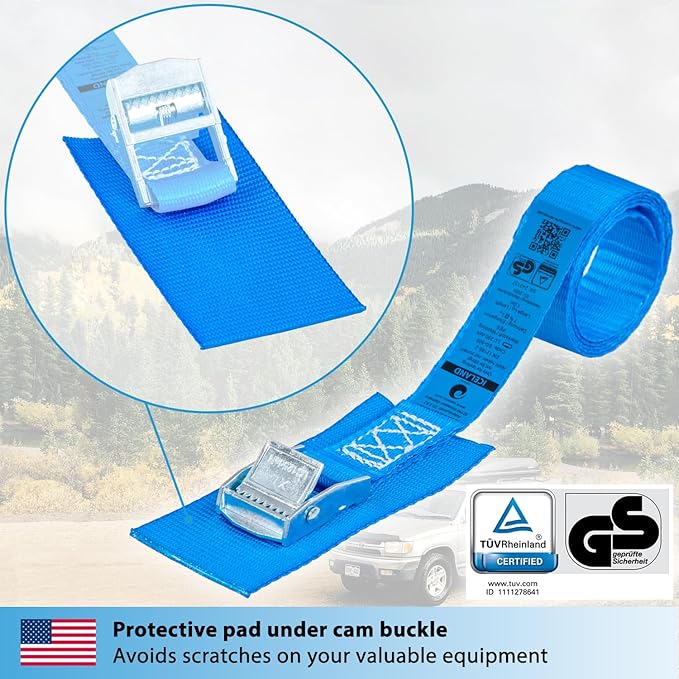 valonic Iceland - tie Down Straps with Protection pad, 4 Pieces, 13 ft x 1 inch, 1100lbs, cam Buckle, TÜV Rheinl. Certified, Blue, Lashing Straps for roof Rack, Kayak, Bike, car