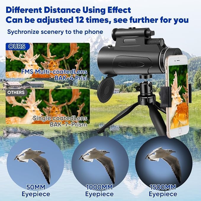 Monocular Telescope with Lights HD Monoculars 80x100 for Adults High Powered Monocularwith Smartphone Holder & Tripod, Handheld Telescope Suitable for Bird Watching Stargazing-Black