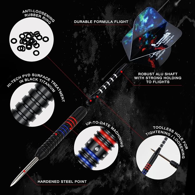 Formula Sports 90% Tungsten Darts Metal Tip Set - Professional Steel Tip Darts Set 21g/22g/23g/24g, with Aluminum Shafts, Tungsten Barrels, Dart Sharpener, Extra Flights