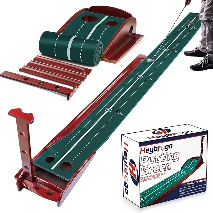 Golf Putting Mat Indoor with Automatic Ball Return, Premium Velvet Golf Practice Mat with Wooden Base, Dual Hole Sizes, Distance Markers, Indoor Putting Green for Home Office Golf Training