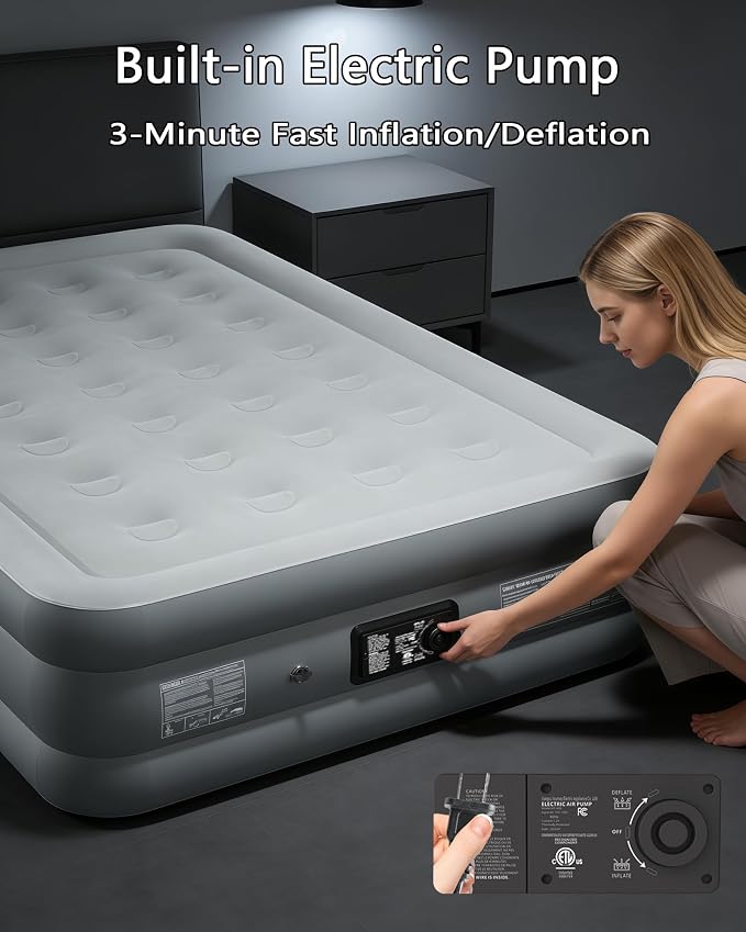 air Mattress Full with Built in Pump – 18-Inch Thickened air Bed Suitable for Camping, Home use, and Guest Accommodation, Supports Up to 600 Pounds (Dark Gray, Full)