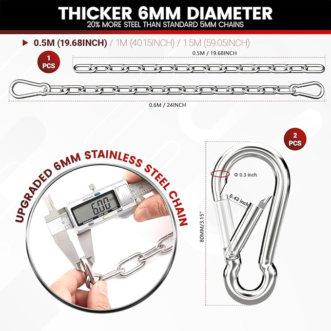 sprookber 1000LB Heavy Duty Hanging Swing Chain, 6mm Thick 304 Stainless Steel Hanging Chain with 2 Carabiners, 25" Hardware Kit for Hammock, Hanging Chair, Punching Bags, Tree, Indoor & Outdoor