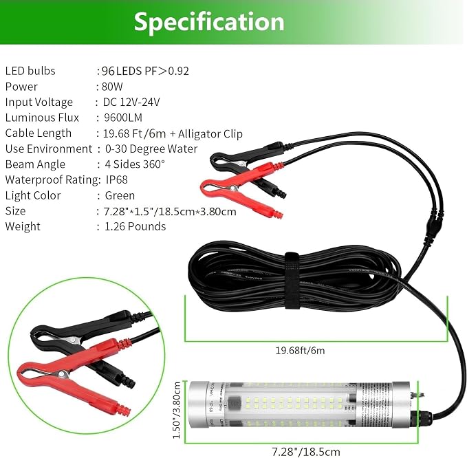 80W 9600lm Underwater Fishing Light, IP68 Waterproof Aluminum Super Bright Night Fish Attracting Submersible LED Lamp Lure Bait Finder for Freshwater Saltwater Sea Kayak Boat Ice Dock (Green)