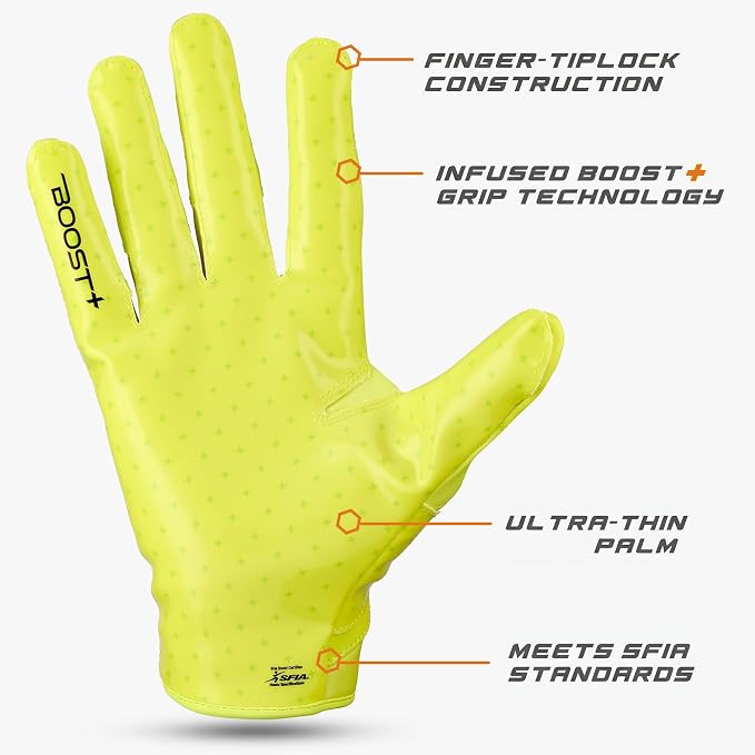 Grip Boost Football Gloves - Solid Stealth 6.0 Boost Plus Sticky Technology - Adult and Youth Football Gloves for Wide Receiver - Men's and Boys Sizes