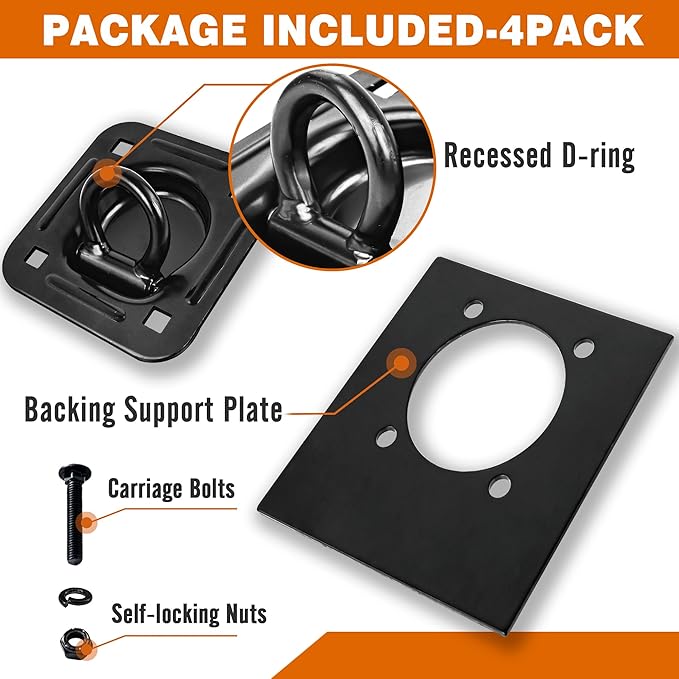 Recessed D Ring Tie Down Anchors 4 Pack (6,000 Lbs), Heavy Duty Trailer Floor Tie Downs and Anchor Points for Securing Cargo, Equipment, ATV, UTV, Truck – Black