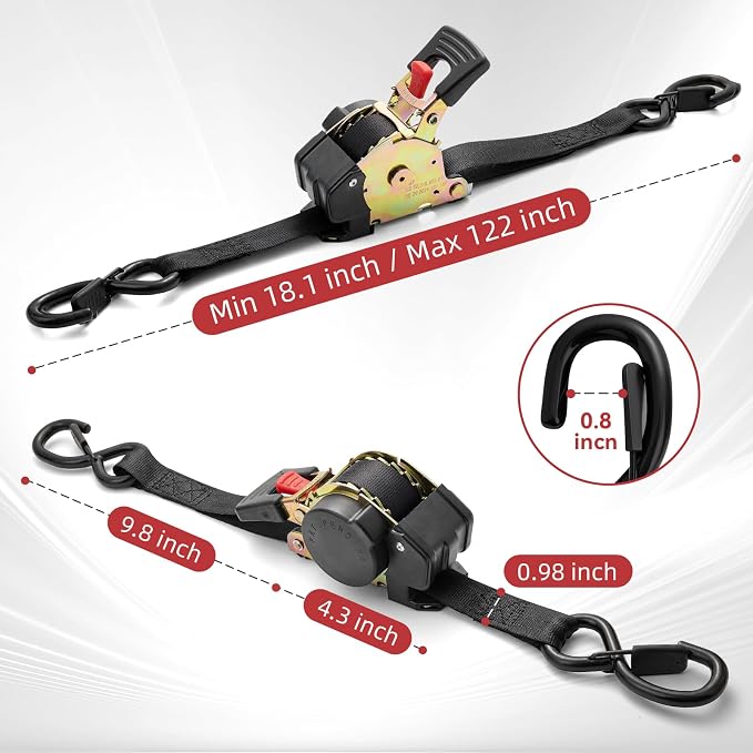 Heavy Duty Retractable Ratchet Tie-Down Straps 1800 lbs, 1in × 10ft Auto Retract Tie Downs with Zinc S-Hooks, Cargo Straps for Trucks, Trailers, Roof Racks & Moving, 2 Pack, Black, Damped Rewind