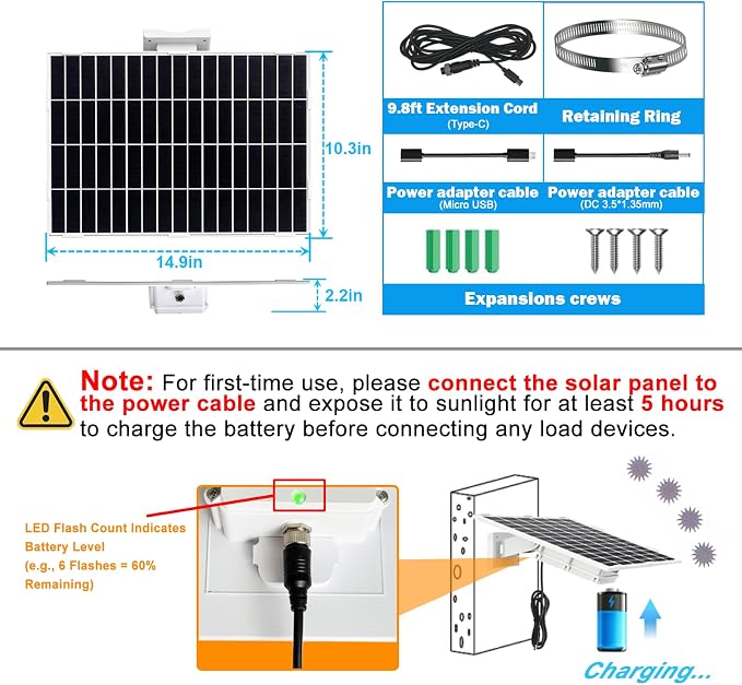 20Watt Solar Panel Kit with Built-in 31200mAh Battery Output: 5V/1A Features USB-C, Micro-USB, and DC 3.5 * 1.35mm Ports Compatible with Security Cameras, Outdoor Lights & More