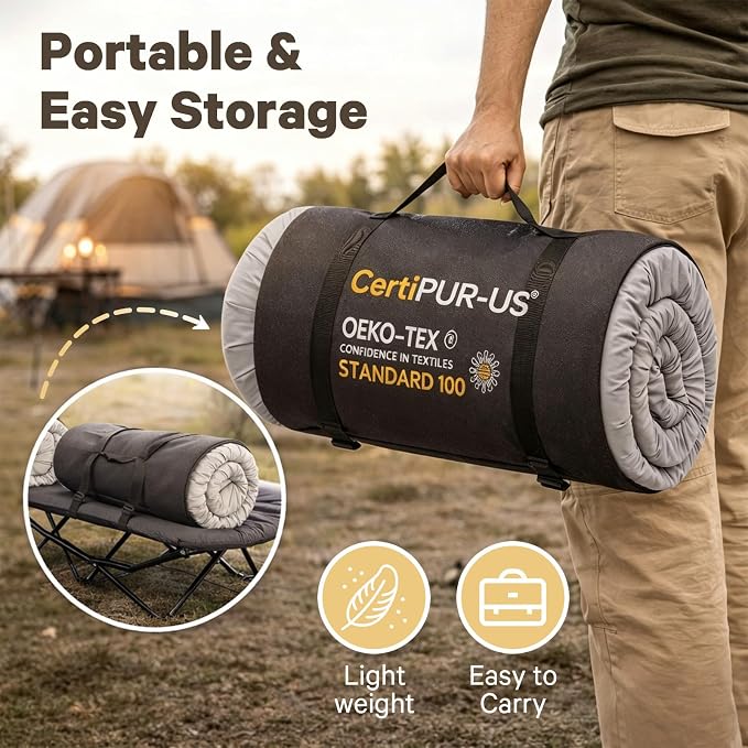 CYMULA Camping Cot Pad 2 Inch Memory Foam, Camping Pad for Folding Cot and Foldable Cot, Portable Roll Up Camp Gear for Car Camping Travel Tent, Non-Slip Waterproof Bottom, Removable Cover, Pad Only