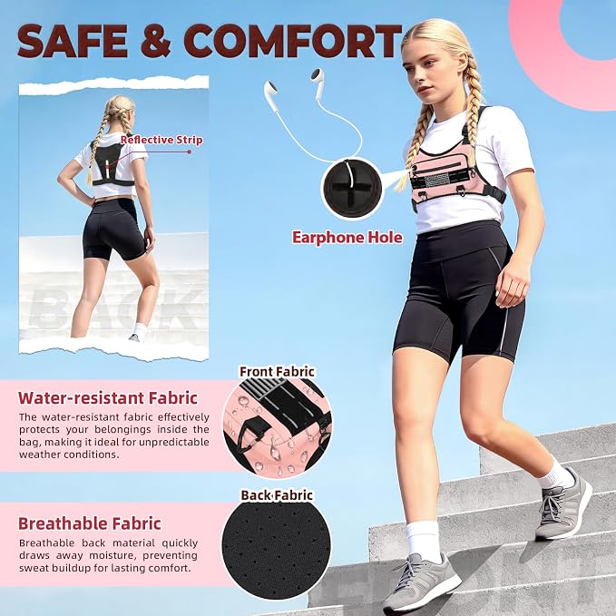 Muserise Sports Chest Bag For Men Women, Water Resistant Lightweight Front Chest Pack, Running Vest Bag With Built-In Phone Holder & Extra Storage For Workouts, Running, Cycling (Pink)