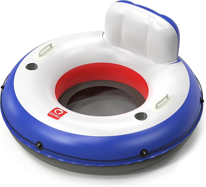 QPAU Inflatable River Tube, 0.4 mm Thickened Puncture-Resistant Heavy Duty River Float, River Raft with Ergonomic Backrest, Mesh Bottom & 2 Cup Holders for Family Friends Lake Float