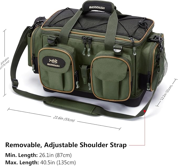 BASSDASH Fishing Tackle Shoulder Bag Water Resistant Lightweight Gear Storage Pack with Hard Molded Bottom Rain Cover