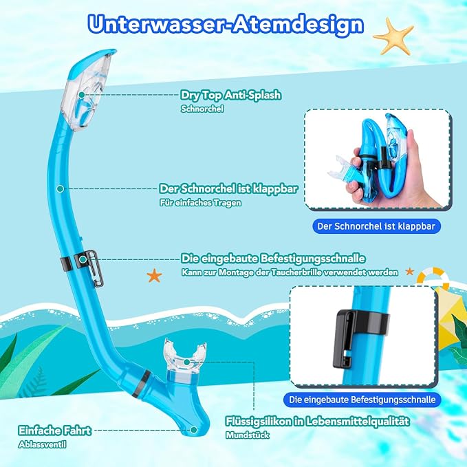 Snorkeling Gear for Kids with Foldable Silicone Full Dry Snorkel, Kids Snorkel Set Anti Leak Youth Junior Snorkeling Package Diving Mask Soft Tube with Mesh Bag Scuba Swimming Goggles