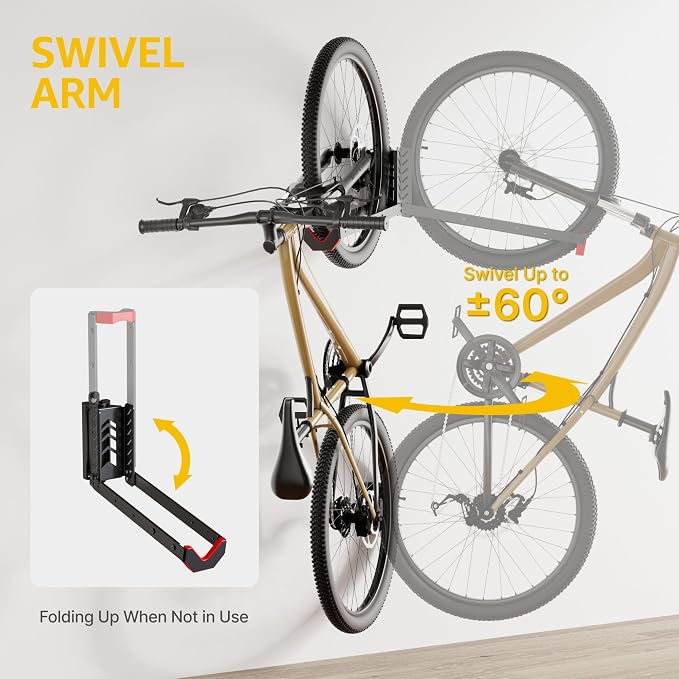 monTEK Swivel Bike Wall Mount, No Heavy Lifting Required Bike Wall Mount, Bike Hangers for Garage, Space-Saving Bike Rack Garage, Easy to Load and Unload, Bike Hanger Can Hold Up to 77 lbs, 4 Pack