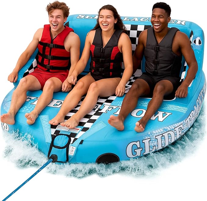 Serenelife Inflatable Towable Tube for Boating – 2-4 Person, 4500 lbs Pulling Capacity, Deck Seats & Backrest, Premium Nylon Cover, Grab Handles, Front/Back Tow Points, Speed Safety Valve
