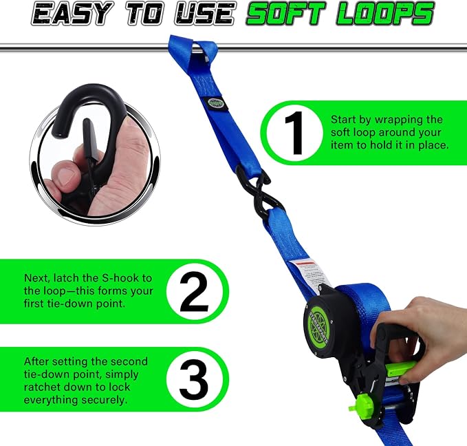 Retractable Ratchet Straps (2pk) -Patented | 1.5 in x 16 ft Heavy Duty Auto Ratchet Straps with Soft Loops | Perfect Automatic Tie Downs for Motorcycle,Kayak and Truck | Break Strength 5,000LBS/2268KG