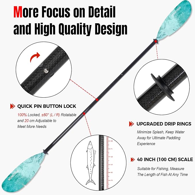 Angler Kayak Paddle Carbon Fiber Shaft and Plastic Blade, Floating Adjustable Fihsing Kayak Oar with Paddle Leash, 230-250cm/90-98 inch