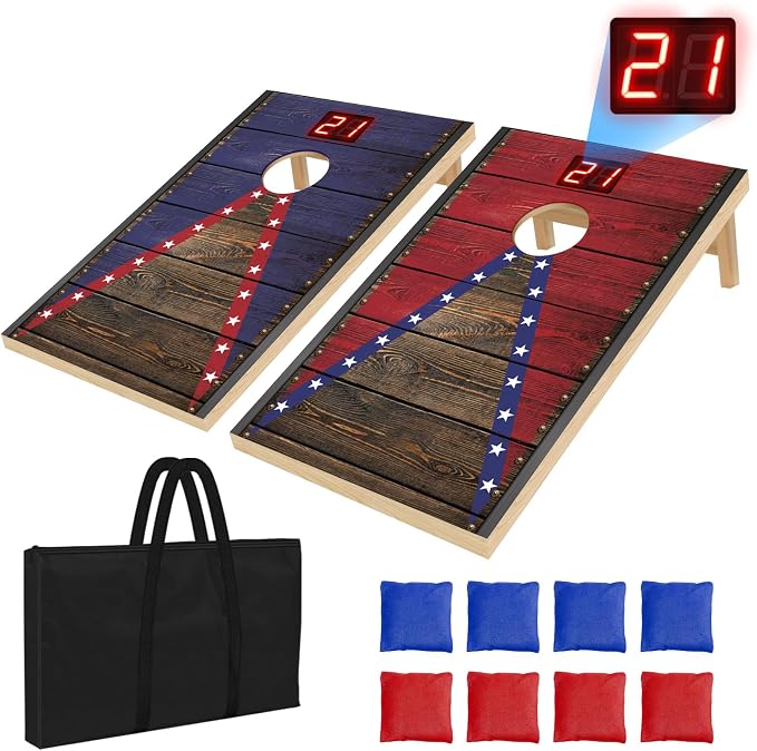 Electronic Cornhole Board Set 4x2ft 3x2ft 2x1ft, Automatic Scoring Corn Hole Games for Adults & Kids, Wooden Portable Cornhole Set with 8 Bean Bags & Carrying Bag for Outdoor, Tailgate, Party