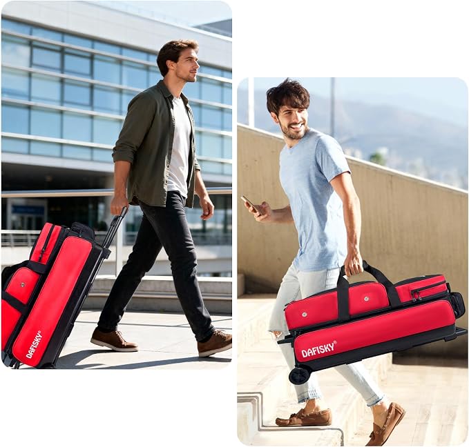 DAFISKY 3 Ball Bowling Bags with Wheels, Roller Bowling Bag with Multiple Pockets Retractable Handle Extends to 38‘’