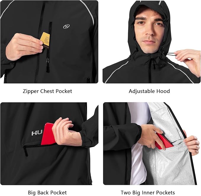 Hugut Men's Cycling Running Rain Jacket Lightweight Waterproof Biking Hiking Windbreaker Raincoat Reflective Packable