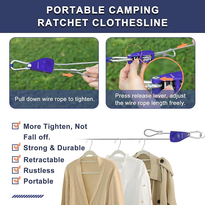 Vigorport Retractable Clothesline Outdoors 3/16" Wire Rope Nylon Coating | Heavy Duty Clothes Line with Blue Dual-Pulley & Clips, Travel Laundry Line, Drying Cable Rope for Outdoor Camping RV Backyard