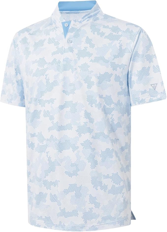 M MAELREG Golf Shirts for Men Collarless Performance Dry Fit Stretch Henley Casual Printed Mens Polo Shirts Short Sleeve