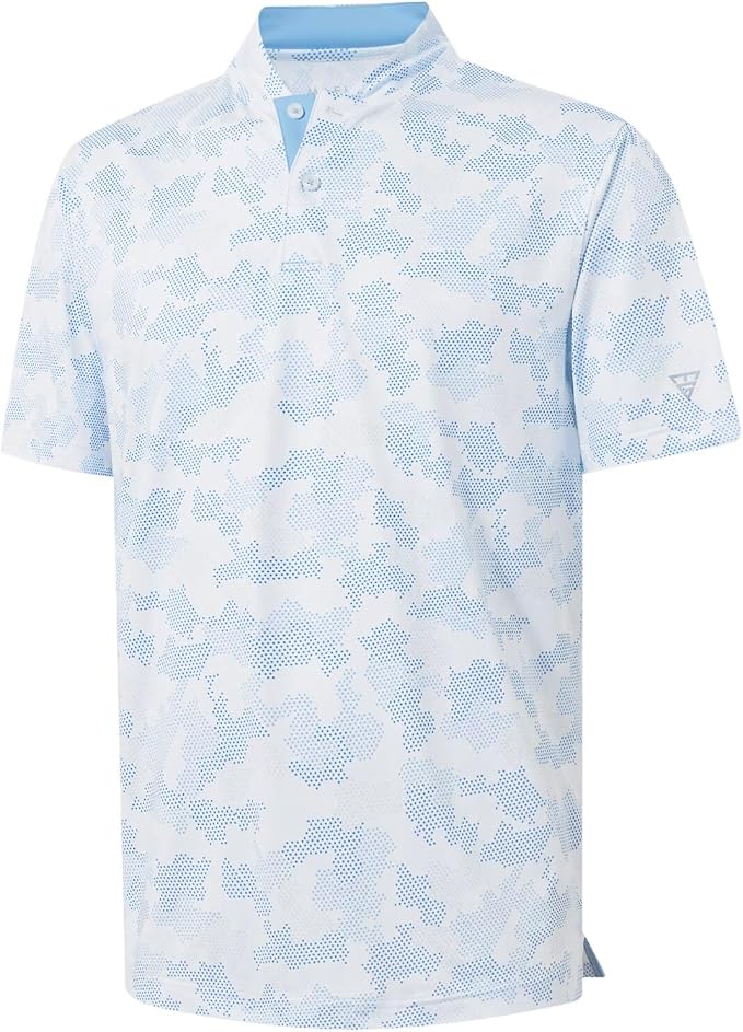 M MAELREG Golf Shirts for Men Collarless Performance Dry Fit Stretch Henley Casual Printed Mens Polo Shirts Short Sleeve