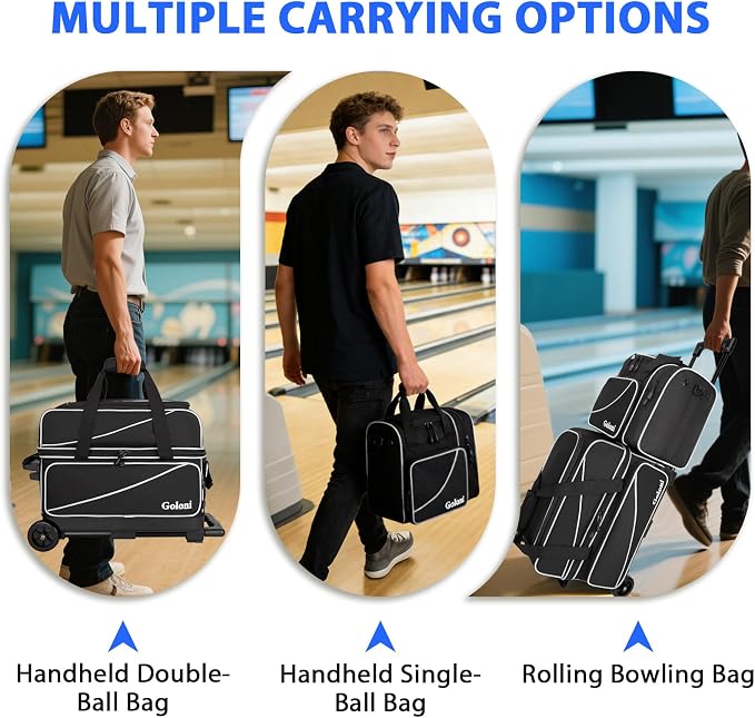 Goloni 3 Ball Bowling Bag with Wheels, 2+1 Double Roller Bowling Bag with Shoe Compartment,Tote Bag for Bowling Accessories
