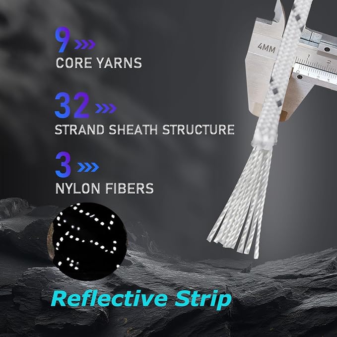 Paracordland-750LB Reflective Rope-100ft/500ft/1000ft- 9 Strand Parachute Spool Cord Heavy Duty String Ideal for Survival Gear Bracelet Camping Hikig Fishing-Reflective White-1000FT