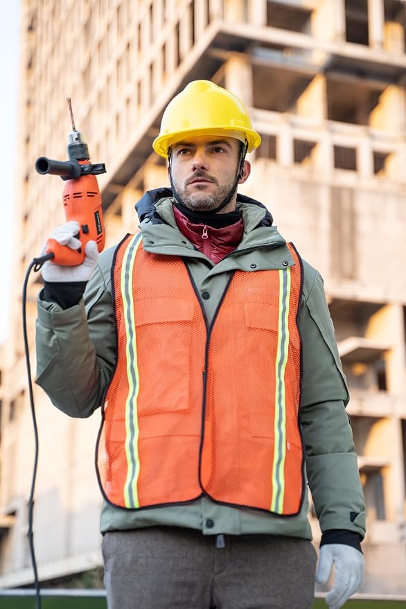Dazonity High Visibility Reflective Safety Vest, Mesh,Reflective Strips, Fit for Men & Women, Work, Construction (Orange-20pcs)