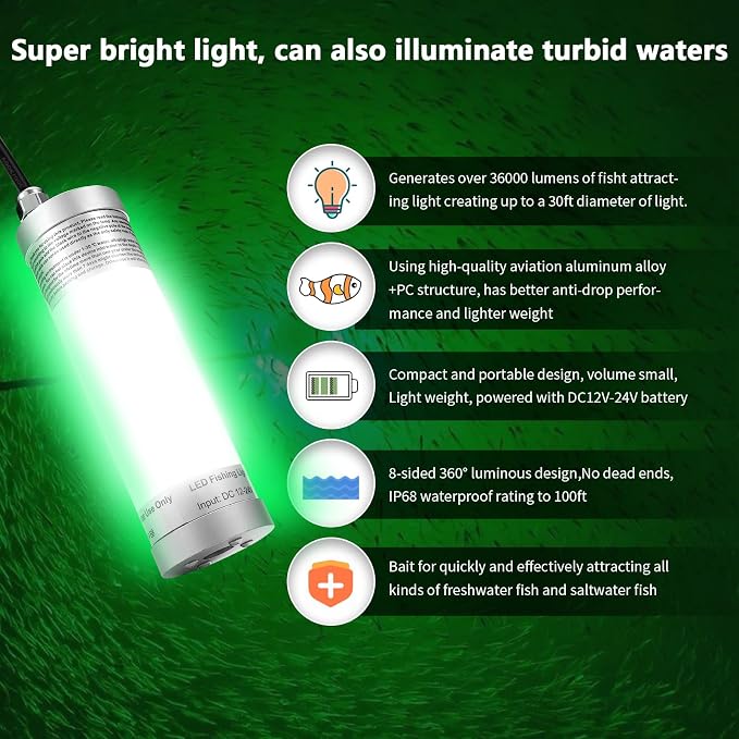300W 36000lm Underwater Fishing Light, IP68 Waterproof Aluminum Super Bright Night Fish Attracting Submersible LED Lamp Lure Bait Finder for Freshwater Saltwater Sea Kayak Ice Dock (Blue)