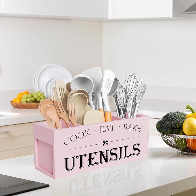 Suli Extra Large Kitchen Utensils Holder with 4 Compartments, Wooden Utensil Organizer for Kitchen Countertop, Farmhouse Kitchen Decor, Rustic Cooking Utensil - Pink
