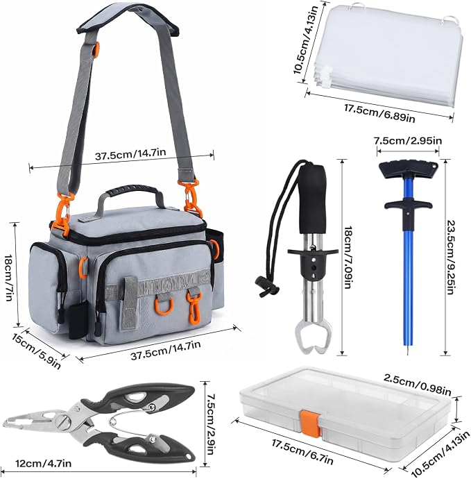 Fishing Tackle Bags with Tackle Box,Waterproof,Padded Shoulder Strap,Gear Storage,Fish Bag with 136 Pcs Fishing Lures Kit,Fish Hook Remover Tool,Fish Lip Gripper,Fishing Plier,Gifts for Men (Gray)