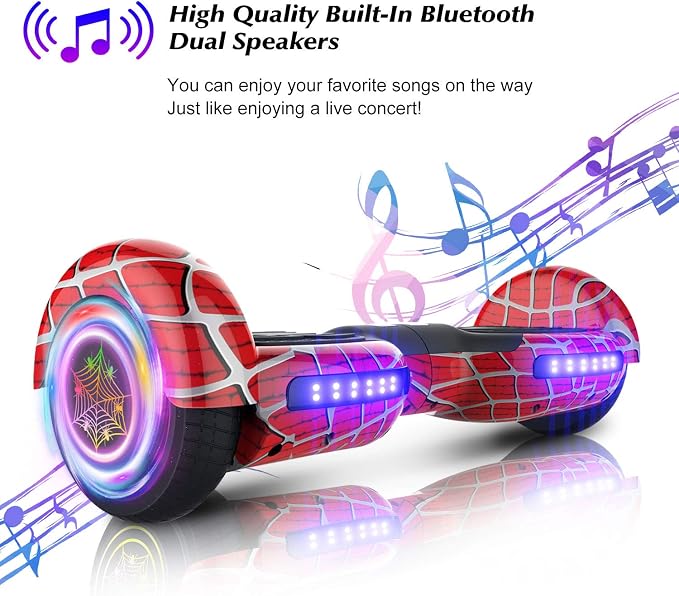 Spider-Pattern Hover Board for Kids Ages 6-12, with Bluetooth Speaker and LED Lights 6.5" Hover Board, UL2272 Safety Certified (Red)