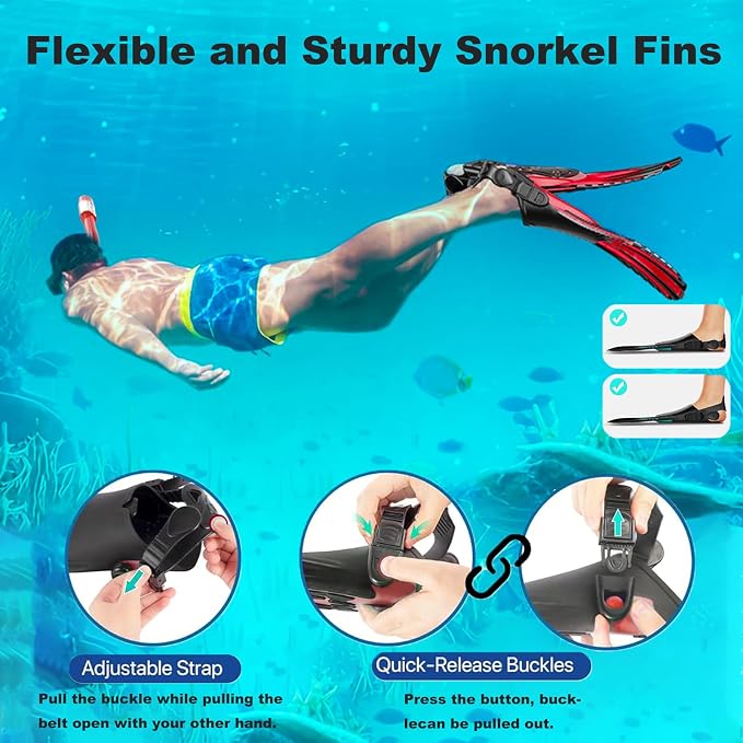 Snorkeling Gear for Adults,Mask Fins Snorkel Set,Panoramic View Diving Mask Anti-Fog,Dry Snorkel,Adjustable Swim Flippers and Travel Bag,Adults Snorkel Gear for Swimming Snorkeling Diving