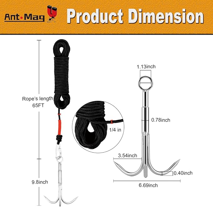 Ant Mag Grappling Hook with Claw Tips - Heavy Duty Stainless Steel Carabiner for Camping, Hiking, Tree Climbing, Water Retrieval & Salvage Operations