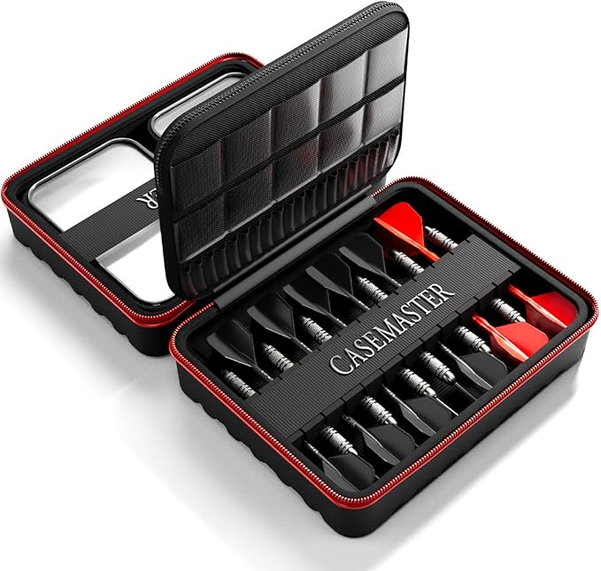 Casemaster Maxx 4 Dart Case, Holds 12 Steel Tip or Soft Tip Darts Fully Assembled, Hard Shell EVA Darts Case, 20 Accessory Pockets, Red