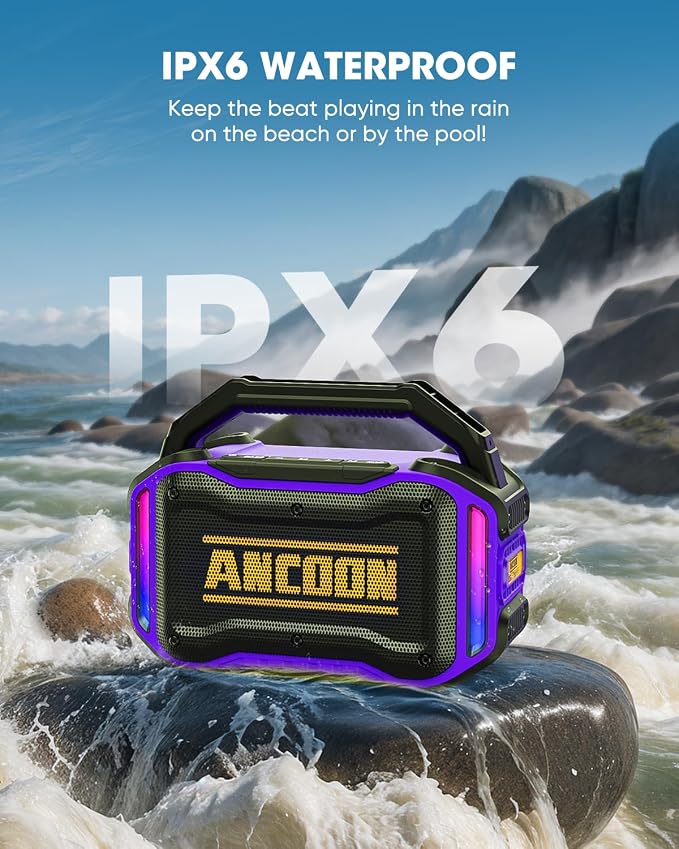 ANCOON Speakers Bluetooth Wireless: 80W(Peak) Loud Speaker with Bass, 20H Playtime, IPX6 Waterproof, Large Jobsite Speakers for Work, Outdoor, Workshop, Garage, Portable Speaker with TWS (Purple)