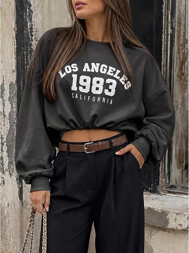 Flowyair Womens Crewneck Sweatshirt Los Angeles Elastic Waist Crop Tops | Long Sleeve, Loose Fit, Fall Spring, Pullover Tops, Round Neck, Elasticated Hem