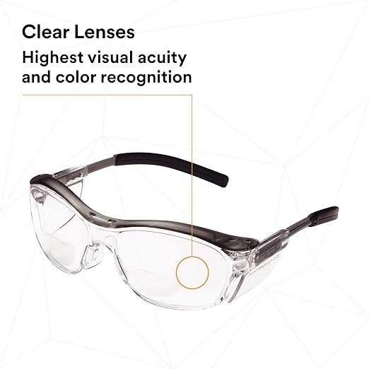 3M Safety Glasses with Readers, Nuvo Readers, +2.0 Diopter, Pack of 1, ANSI Z87, Clear Lens, Gray Frame, Soft Nose Bridge, Side Shields