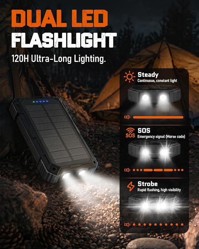 49800mAh Solar Charger Power Bank -Wireless, 4 Cables (Black) | IP65, Dual LED Flashlight, QC3.0, USB-C In/Out for Camping & Emergencies