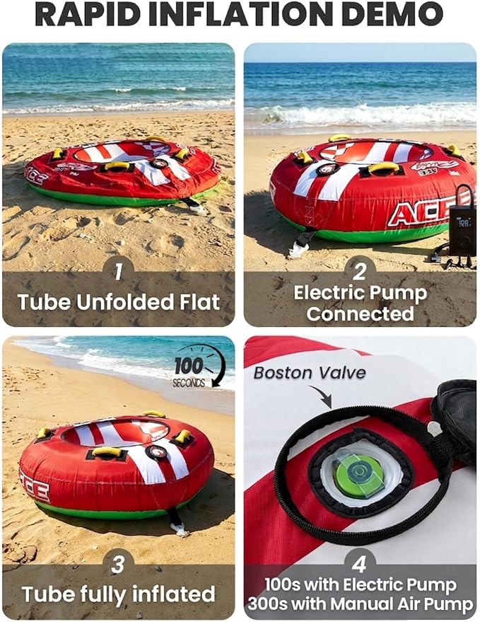 Zeraty Towable Tube for Boating 1-2 Riders, Heavy Duty Inflatable PVC Water Tube with 420D Nylon Cover & Reinforced Handles, Stable Deck Tube for Lake Ocean River, Towable for Water Sports Kids Adults