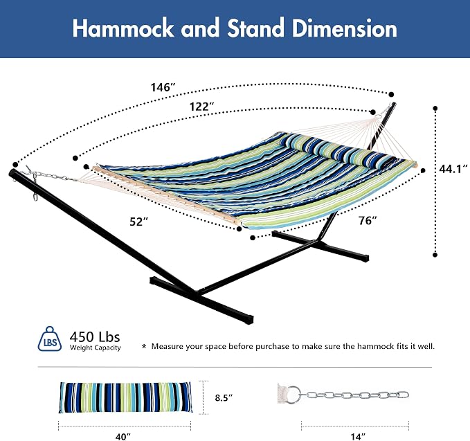 ANOW Heavy Duty Hammock with 12FT Steel Stand Included, Rope Hammock with Detachable Pillow and Pad, 450 LBS Weight Capacity, Green & Blue Stripe
