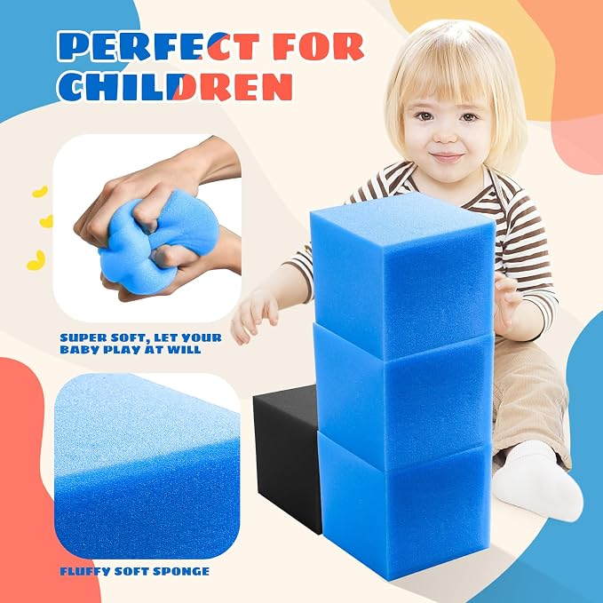 Foam Pit Cubes, 24 PCS 5 Inches Gymnastics Foam Blocks Trampoline Blocks, Multi-Sport Protective Padding for Gymnastics, Trampoline, Parkour, Skate Parks & BMX - Black & Dark Blue