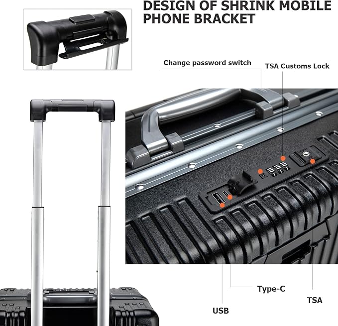 feilario Aluminium Frame PC Hard Shell Spinner Wheels Luggage,22.5"X15"X9.5" Airline Approved Built-In TSA lock Carry on Suitcase, with Cup Holder, USB Port, Phone Holder