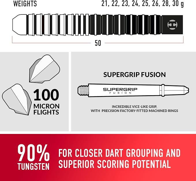Harrows Predator 90% Tungsten Steel Tip Darts Set 22g, 23g, 24g &25g - Includes Ultra Traction Grip, Supergrip Fusion Shafts, Prime Flights & Travel Case
