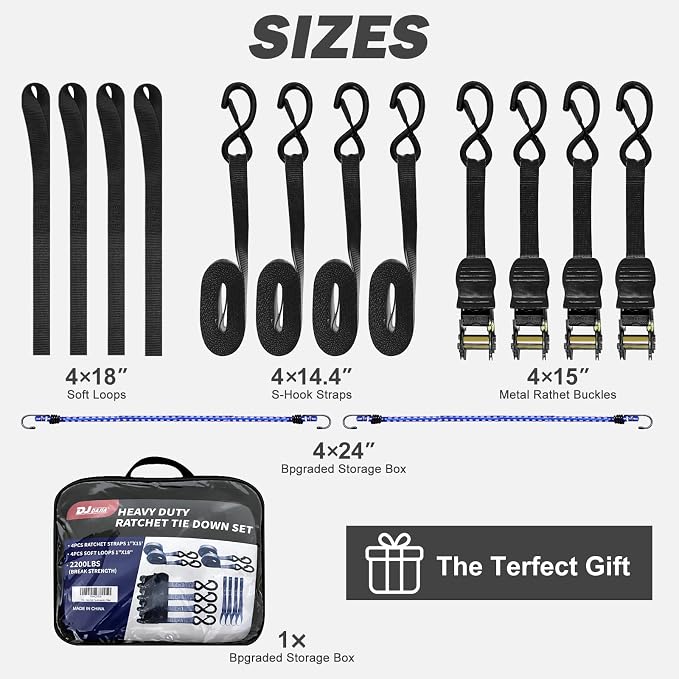 Motorcycle Tie Down Straps 1" x15' (4-Pack), Waterproof Carry Bag 2200lb Break Strength with Soft Loops & Coated S-Hooks for Truck, Trailer, ATV, UTV, Boat (Black)
