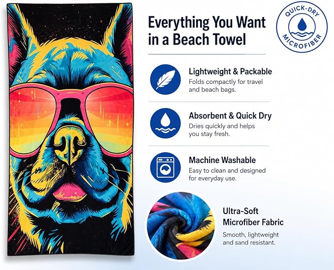 Microfiber Happy French Bulldog in Sunglasses Colorful Beach Towel for Women, Girls, Kids, Men, Plush Beach Towel, Quick Dry Pool Towel Super Soft, Oversized 31x62 Inches