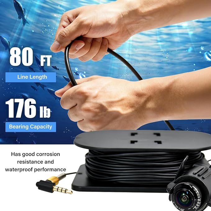 Underwater Fishing Camera,6 Inch Fish Finder Depth Finder, Portable Fishfinder with 1280 * 720 AHD Display, 80FT/Waterproof IP68, for Kayak/Boat/Ice Fishing, Includes Transducer & Mounting Kit