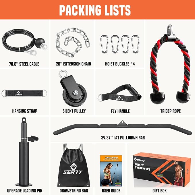 SERTT Cable Pulley System Gym, Power Rack Pulley Attachment with 2-in-1 LAT Pull Down Bar and Upgraded Loading Pin,Used for Triceps Pulldown, Biceps, Back, Shoulder